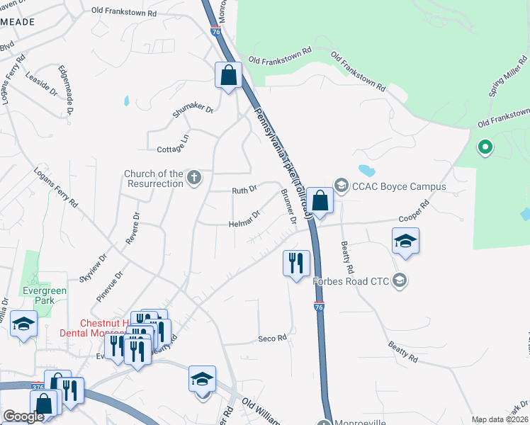 map of restaurants, bars, coffee shops, grocery stores, and more near 4444 Marywood Drive in Monroeville