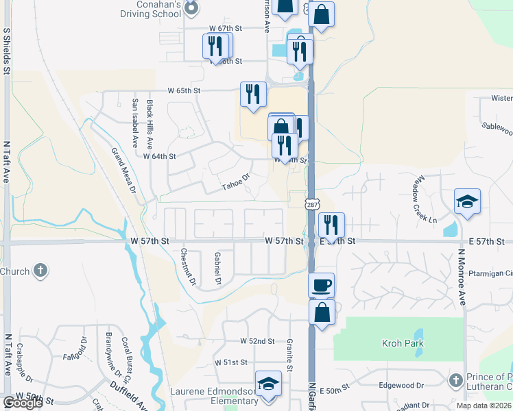 map of restaurants, bars, coffee shops, grocery stores, and more near West Apple Drive in Loveland