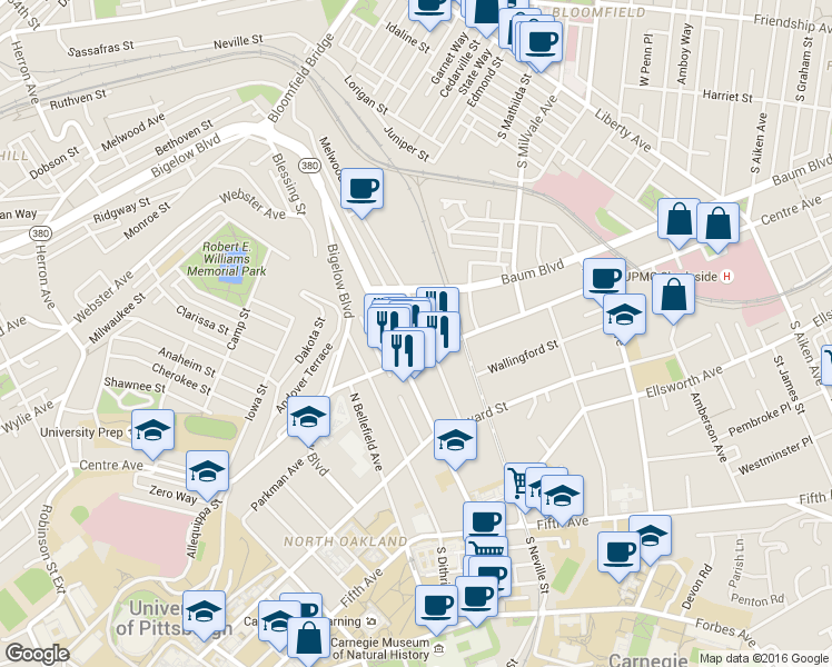 map of restaurants, bars, coffee shops, grocery stores, and more near in Pittsburgh