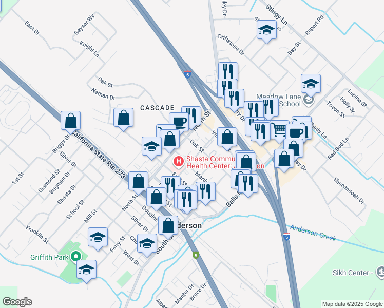 map of restaurants, bars, coffee shops, grocery stores, and more near 2225 Ferry Street in Anderson