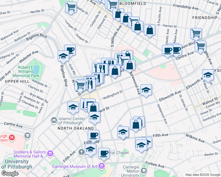 map of restaurants, bars, coffee shops, grocery stores, and more near 4750 Centre Avenue in Pittsburgh