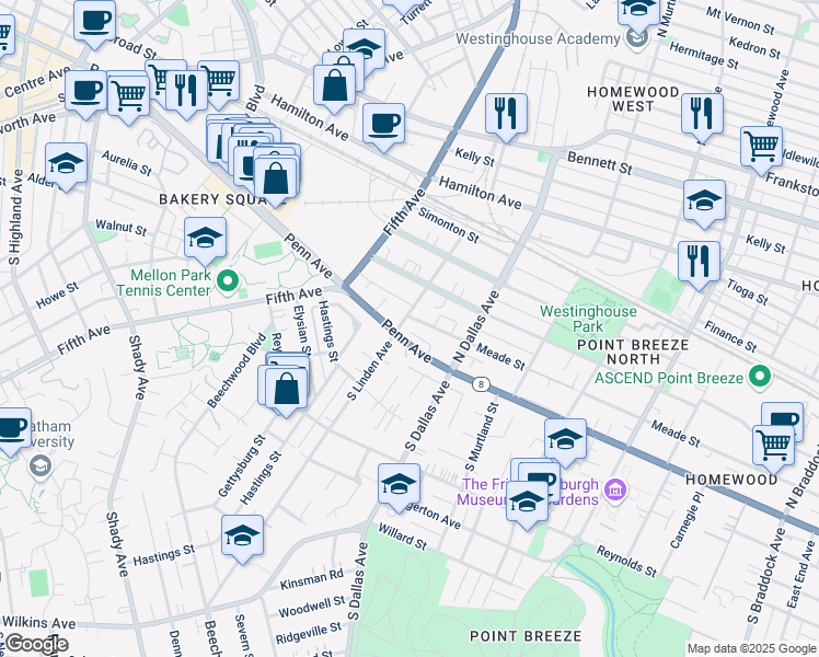 map of restaurants, bars, coffee shops, grocery stores, and more near 6805 Penn Avenue in Pittsburgh