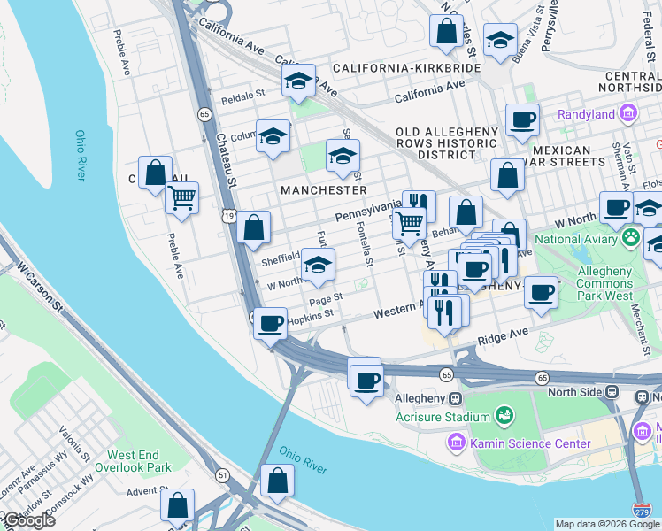 map of restaurants, bars, coffee shops, grocery stores, and more near 1219 Sheffield Street in Pittsburgh