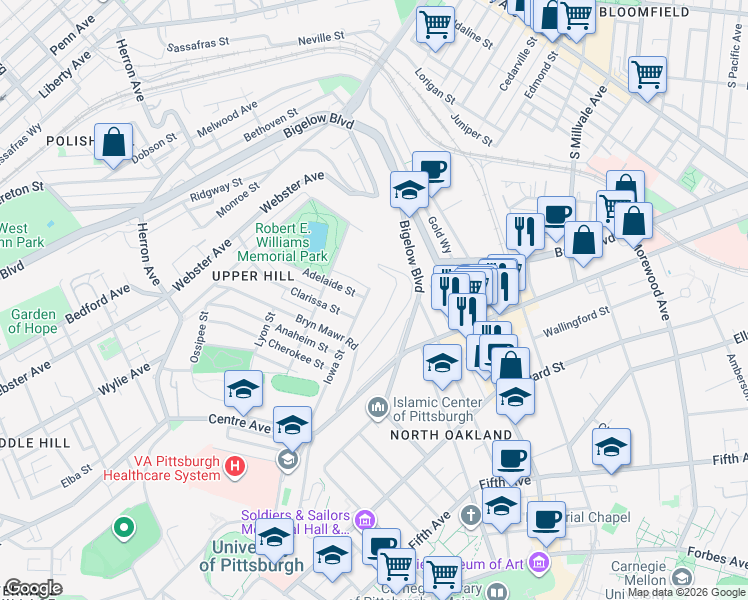 map of restaurants, bars, coffee shops, grocery stores, and more near 3515 Iowa Street in Pittsburgh