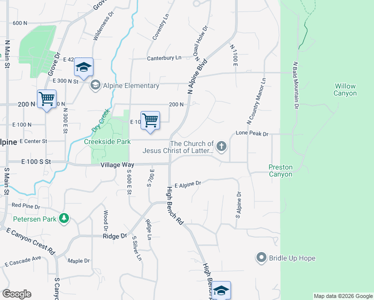 map of restaurants, bars, coffee shops, grocery stores, and more near 887 Village Way in Alpine