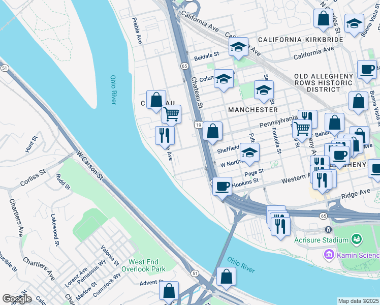 map of restaurants, bars, coffee shops, grocery stores, and more near 1425 Beaver Avenue in Pittsburgh