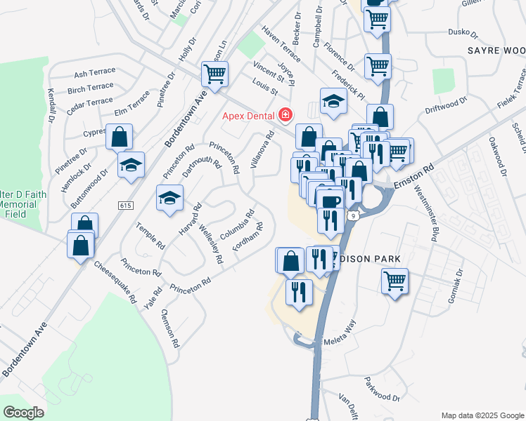 map of restaurants, bars, coffee shops, grocery stores, and more near 139 Princeton Road in Old Bridge