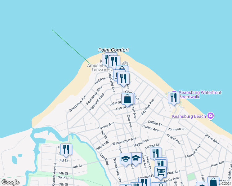map of restaurants, bars, coffee shops, grocery stores, and more near 58 Highland Avenue in Keansburg