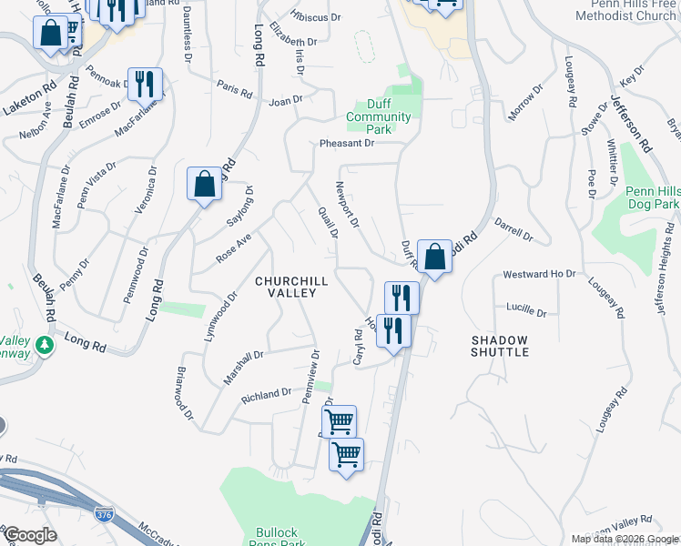 map of restaurants, bars, coffee shops, grocery stores, and more near 185 Quail Drive in Pittsburgh