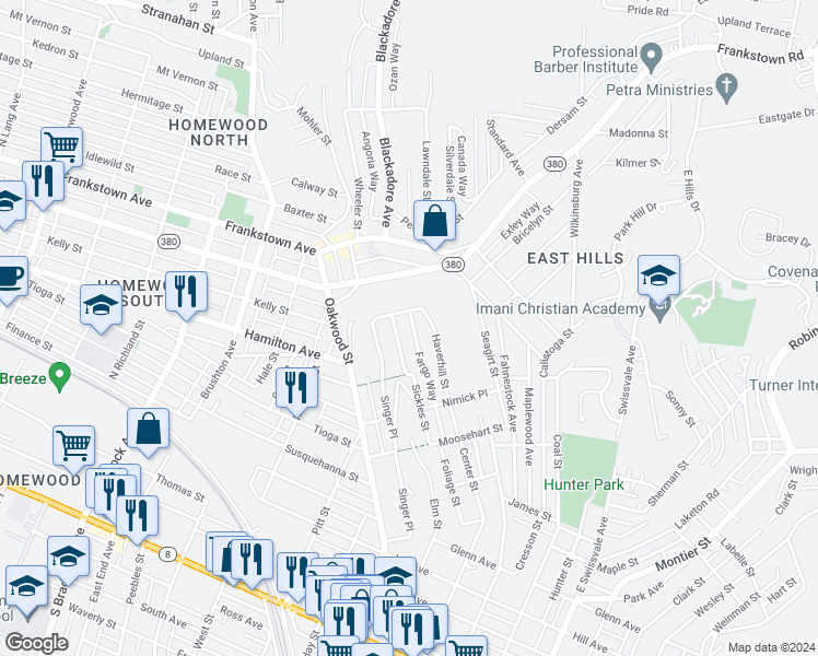map of restaurants, bars, coffee shops, grocery stores, and more near 741 Singer Place in Pittsburgh