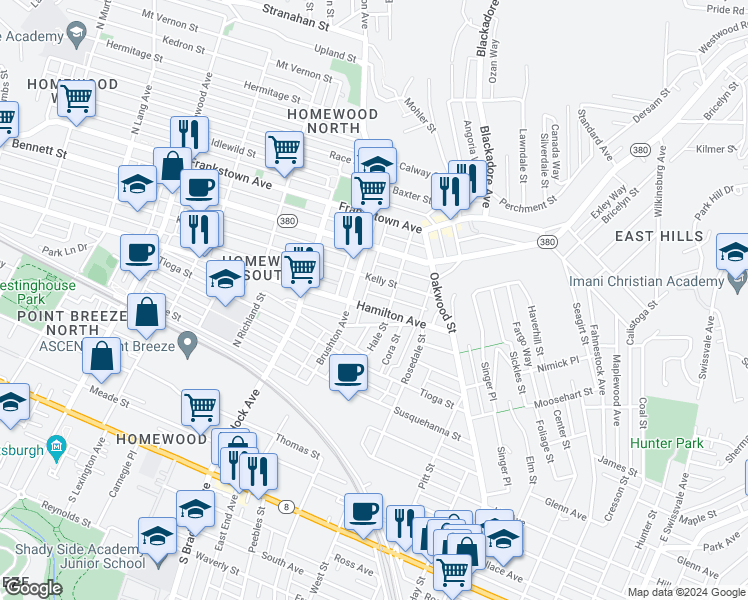 map of restaurants, bars, coffee shops, grocery stores, and more near 7700 Kelly Street in Pittsburgh