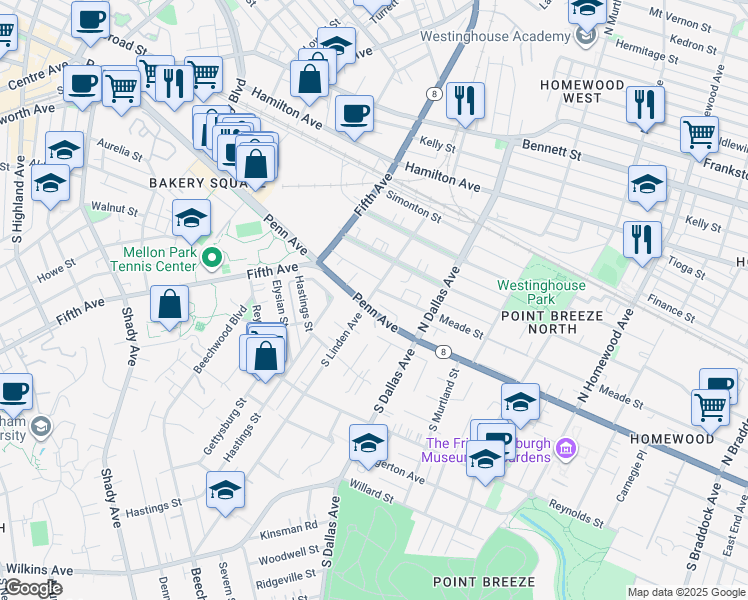 map of restaurants, bars, coffee shops, grocery stores, and more near 126 North Linden Avenue in Pittsburgh