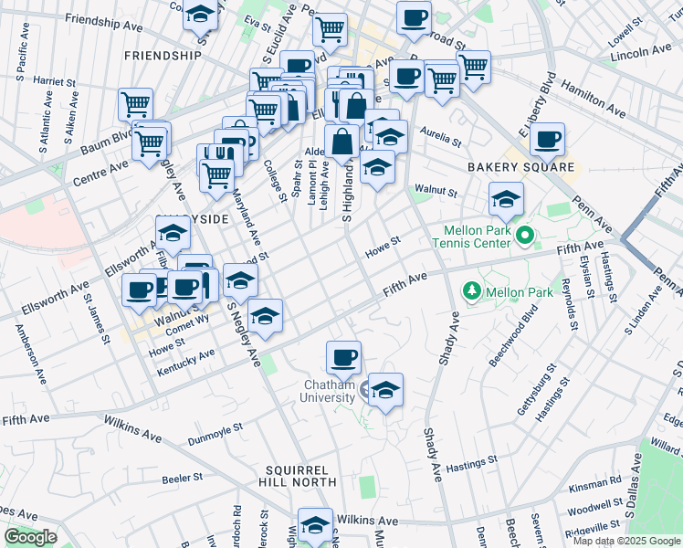 map of restaurants, bars, coffee shops, grocery stores, and more near 5920 Walnut Street in Pittsburgh