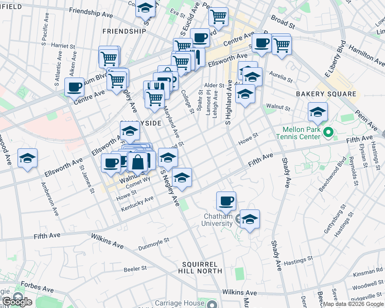map of restaurants, bars, coffee shops, grocery stores, and more near 725 Maryland Avenue in Pittsburgh