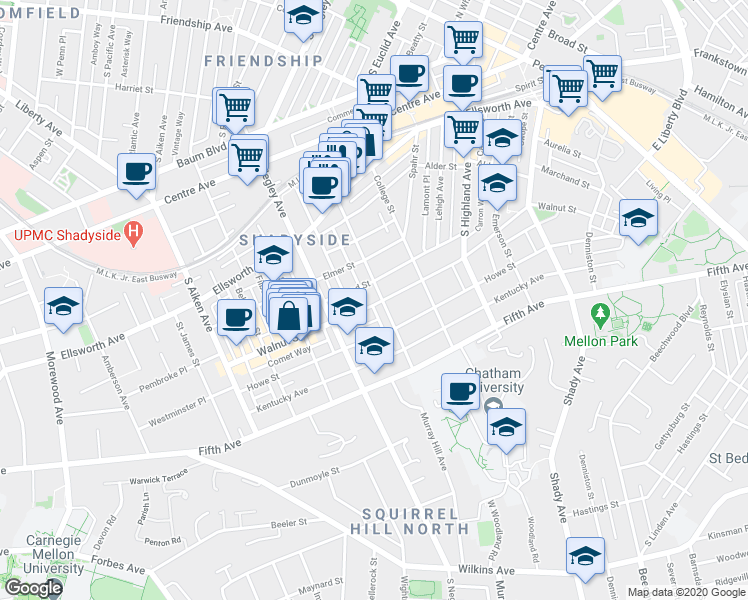 map of restaurants, bars, coffee shops, grocery stores, and more near 725 Maryland Avenue in Pittsburgh