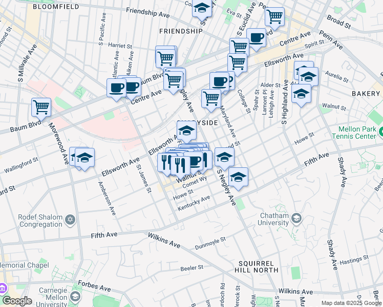 map of restaurants, bars, coffee shops, grocery stores, and more near 601 Filbert Street in Pittsburgh