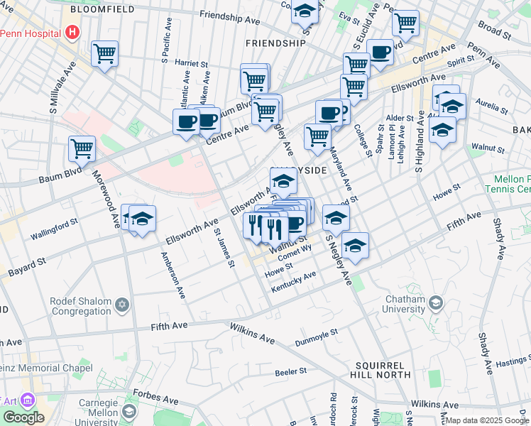 map of restaurants, bars, coffee shops, grocery stores, and more near 5510 Ellsworth Avenue in Pittsburgh