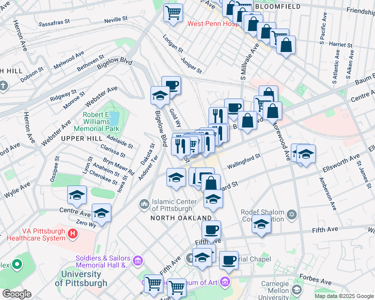 map of restaurants, bars, coffee shops, grocery stores, and more near 346 Melwood Avenue in Pittsburgh