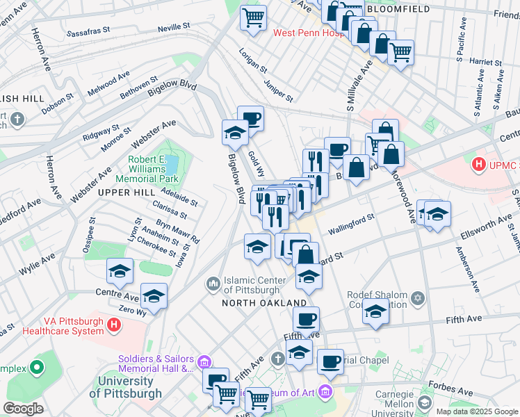 map of restaurants, bars, coffee shops, grocery stores, and more near in Pittsburgh