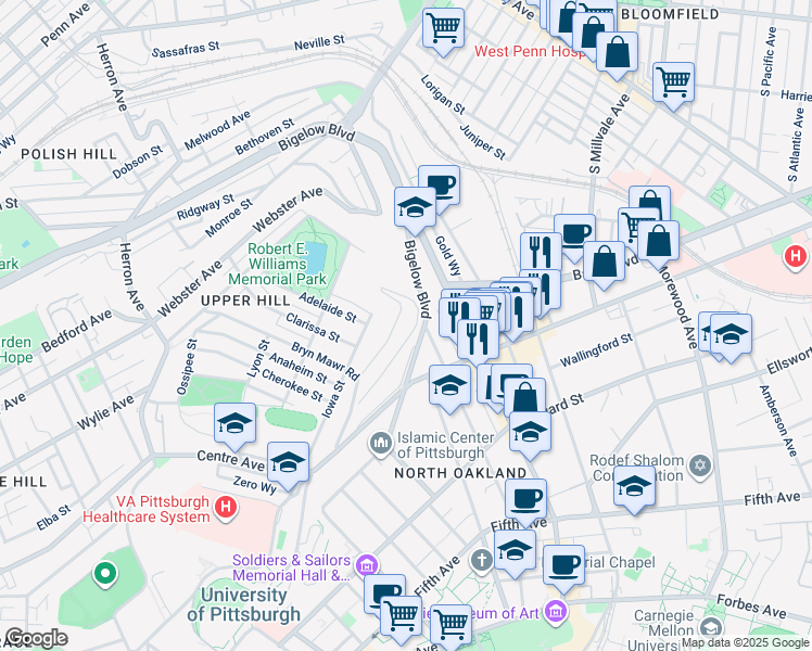 map of restaurants, bars, coffee shops, grocery stores, and more near 4355 Andover Terrace in Pittsburgh