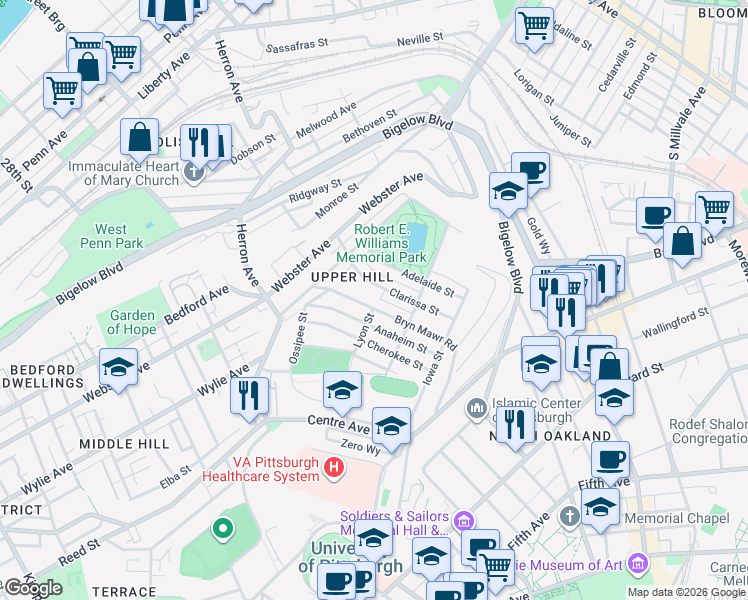 map of restaurants, bars, coffee shops, grocery stores, and more near in Pittsburgh