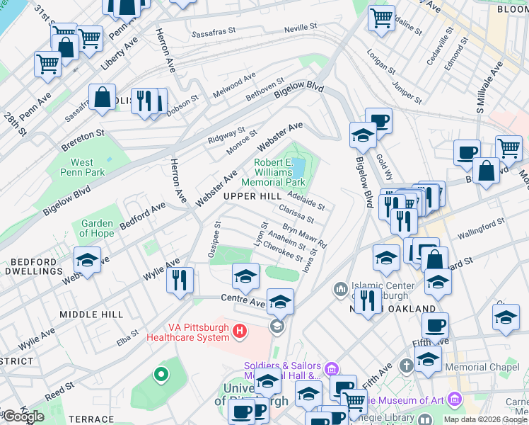 map of restaurants, bars, coffee shops, grocery stores, and more near in Pittsburgh