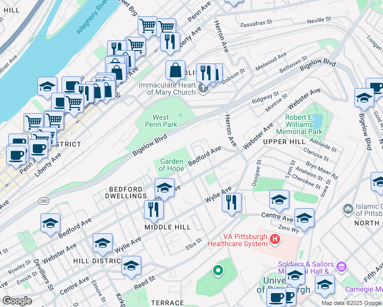 map of restaurants, bars, coffee shops, grocery stores, and more near 2829 Bedford Avenue in Pittsburgh
