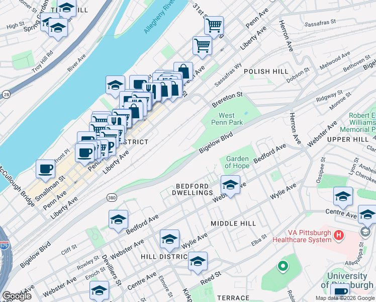 map of restaurants, bars, coffee shops, grocery stores, and more near 2618 Brereton Street in Pittsburgh