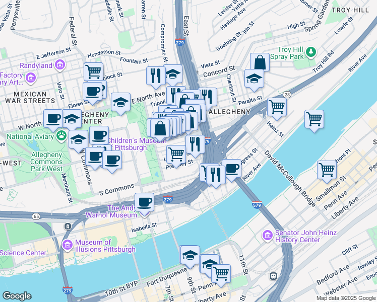 map of restaurants, bars, coffee shops, grocery stores, and more near in Pittsburgh