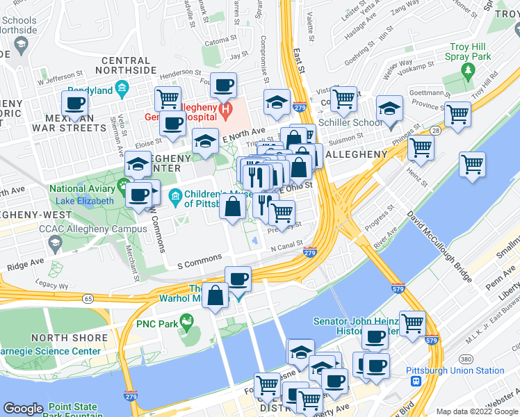 map of restaurants, bars, coffee shops, grocery stores, and more near 416 East Ohio Street in Pittsburgh