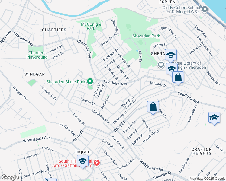 map of restaurants, bars, coffee shops, grocery stores, and more near 1239 Pritchard Street in Pittsburgh