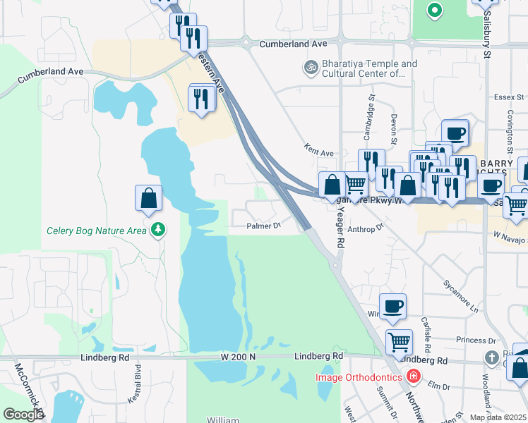 map of restaurants, bars, coffee shops, grocery stores, and more near 1399 Palmer Drive in West Lafayette