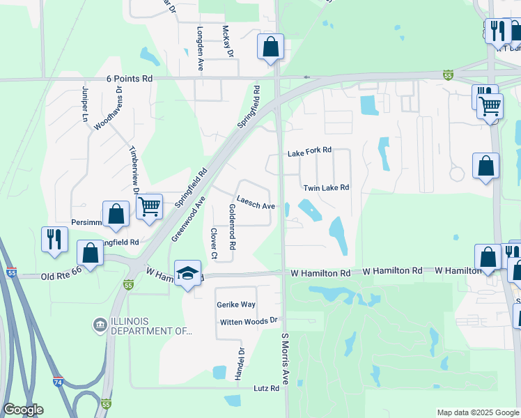 map of restaurants, bars, coffee shops, grocery stores, and more near 1004 Chicory Lane in Bloomington