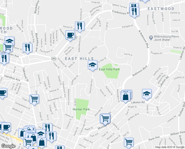 map of restaurants, bars, coffee shops, grocery stores, and more near 1135 East Hills Drive in Pittsburgh