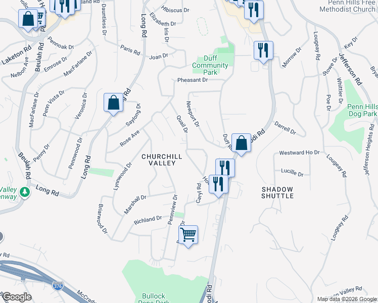 map of restaurants, bars, coffee shops, grocery stores, and more near 185 Quail Drive in Pittsburgh
