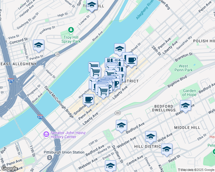 map of restaurants, bars, coffee shops, grocery stores, and more near 134 22nd Street in Pittsburgh