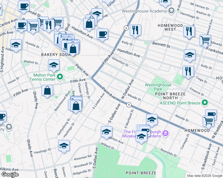 map of restaurants, bars, coffee shops, grocery stores, and more near 126 North Linden Avenue in Pittsburgh