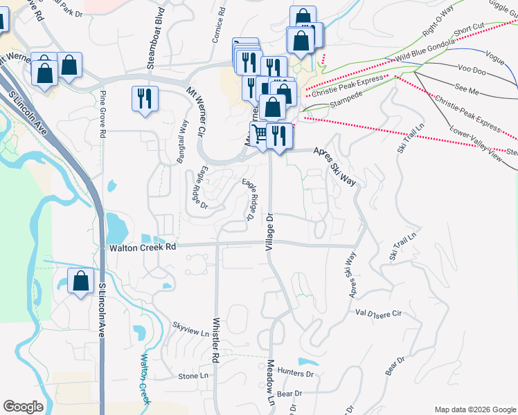 map of restaurants, bars, coffee shops, grocery stores, and more near 2780 Eagle Ridge Drive in Steamboat Springs