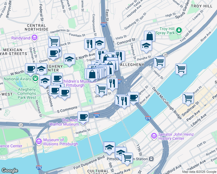 map of restaurants, bars, coffee shops, grocery stores, and more near in Pittsburgh