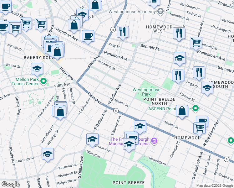 map of restaurants, bars, coffee shops, grocery stores, and more near 6901 Thomas Boulevard in Pittsburgh