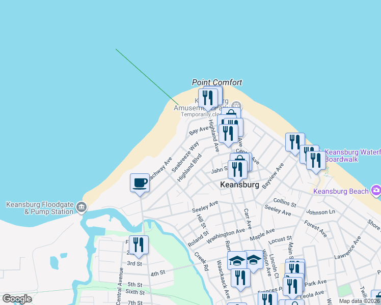 map of restaurants, bars, coffee shops, grocery stores, and more near 284 Beachway Avenue in Keansburg