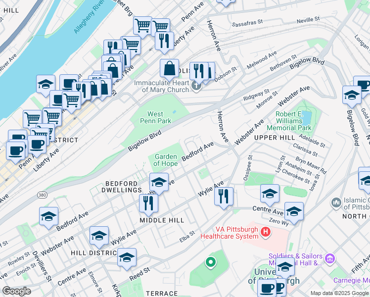 map of restaurants, bars, coffee shops, grocery stores, and more near 2851 Bedford Avenue in Pittsburgh