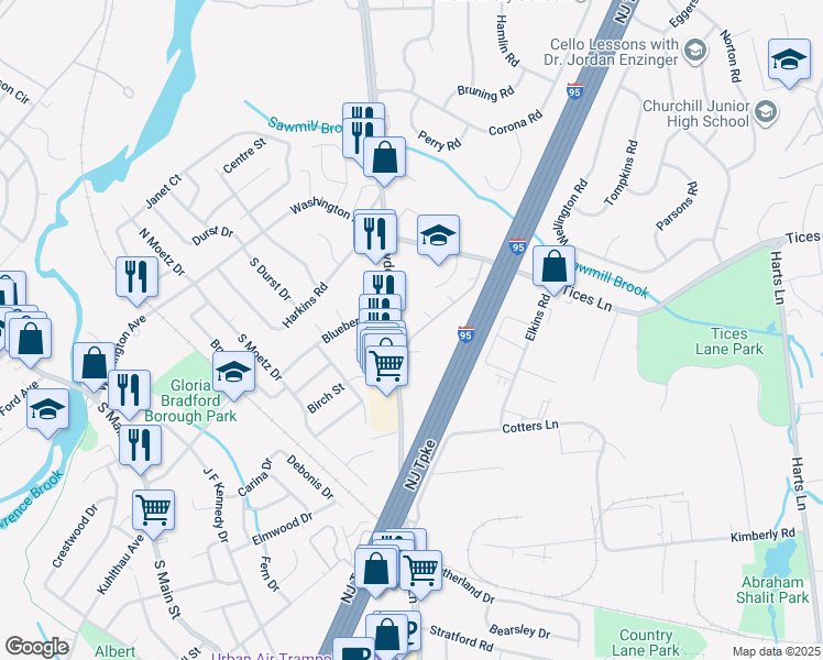 map of restaurants, bars, coffee shops, grocery stores, and more near 1204 Cedar Village Boulevard in East Brunswick