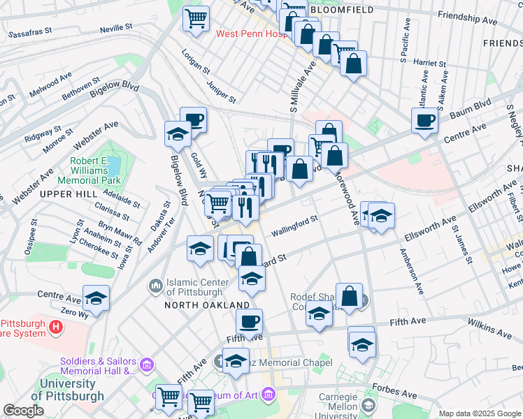map of restaurants, bars, coffee shops, grocery stores, and more near 4712 Baum Boulevard in Pittsburgh