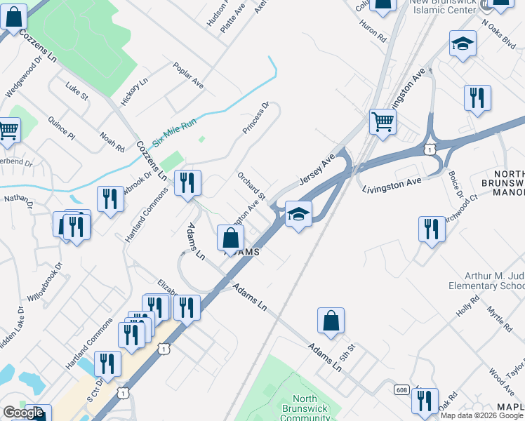 map of restaurants, bars, coffee shops, grocery stores, and more near 1045 Orchard Street in North Brunswick Township