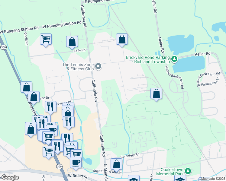 map of restaurants, bars, coffee shops, grocery stores, and more near Pacific Drive in Quakertown