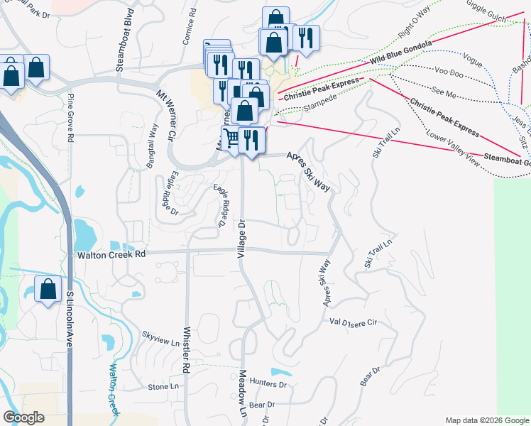 map of restaurants, bars, coffee shops, grocery stores, and more near 2700 Village Drive in Steamboat Springs