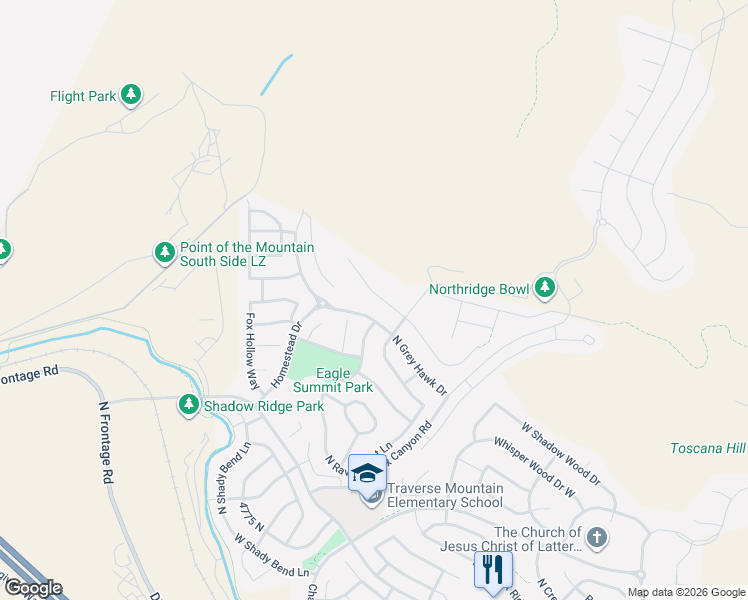 map of restaurants, bars, coffee shops, grocery stores, and more near 5295 North Eagles View Drive in Lehi