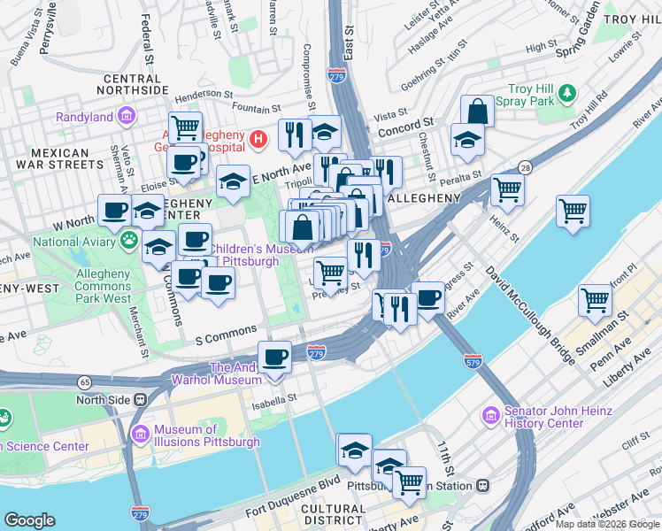map of restaurants, bars, coffee shops, grocery stores, and more near in Pittsburgh