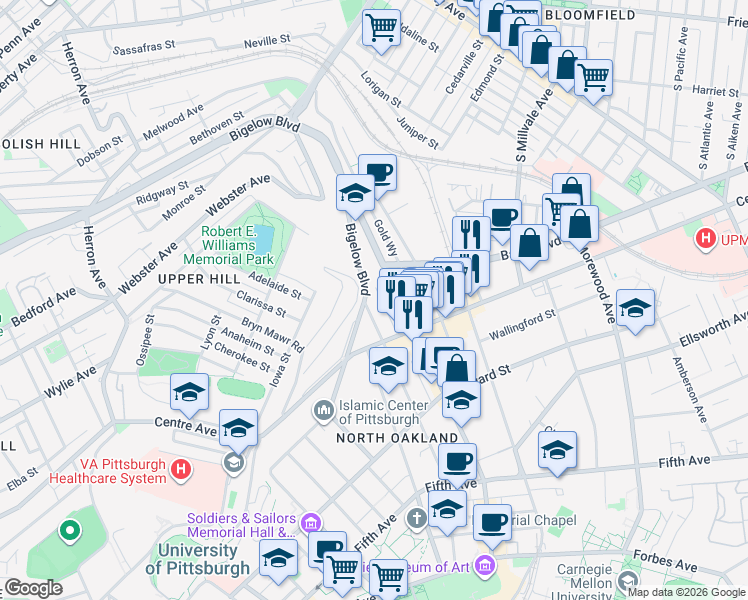 map of restaurants, bars, coffee shops, grocery stores, and more near 3955 Bigelow Boulevard in Pittsburgh